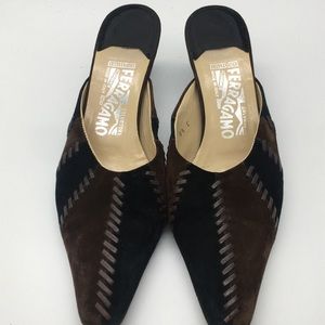 Salvatore Ferragamo Black Brown Mule Slip On Heels
